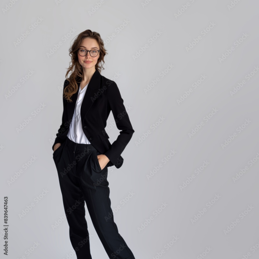 Beautiful brunette woman wears glasses and stylish business clothes. Women's beauty and fashion. Successful businesswoman. Beautiful brunette woman wears glasses and stylish business clothes. Women's beauty and fashion. Successful businesswoman.