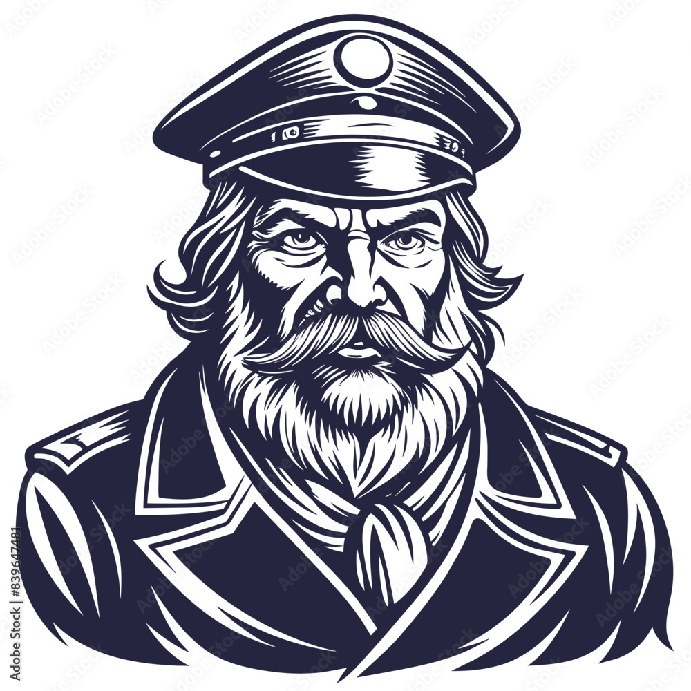 Bold linocut rugged ship captain with intense gaze, embodying the essence of marine authority and nautical experience. Marine or nautical element for sea and ocean design Bold linocut rugged ship captain with intense gaze, embodying the essence of marine authority and nautical experience. Marine or nautical element for sea and ocean design