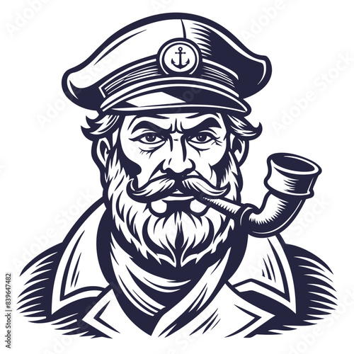 Stylized linocut illustration depicting a grizzled ship captain, sporting a classic sailor uniform and smoking a pipe, conveying a timeless marine and nautical theme with a touch of ruggedness