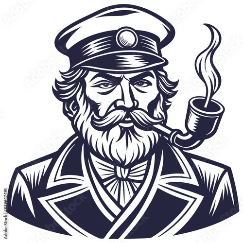 Stylized linocut rugged sea captain, depicted with smoking pipe, showcases maritime authority and traditional nautical theme in stark black. Marine or nautical element for ocean design