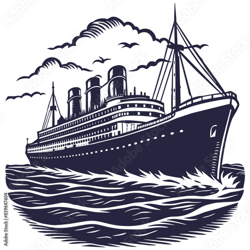 Retro style linocut classic cruise ship at sea, depicting elegant contours of vintage ocean liner with stylized waves and cloud filled sky. Marine or nautical element for design