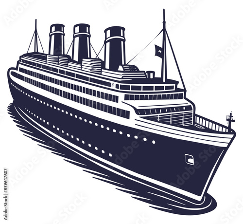 Retro style linocut classic cruise ship at sea, depicting elegant contours of vintage ocean liner with stylized waves and cloud filled sky. Marine or nautical element for design