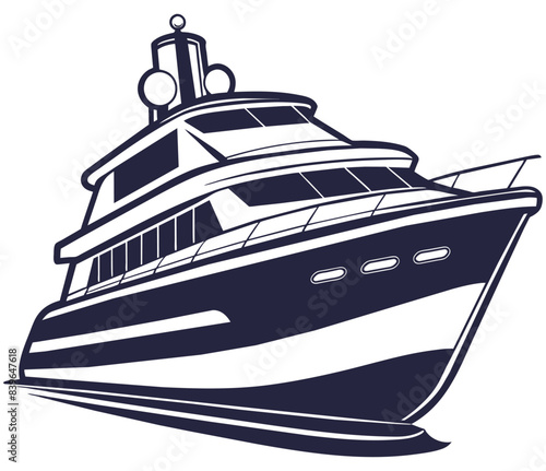 Elegant black and white linocut style luxurious yacht cruising through the ocean, perfect for marine themed designs and nautical publications