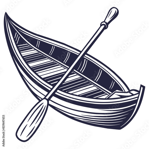 Striking black and white linocut traditional rowing boat, capturing the essence of nautical travel and marine adventure with its bold lines and oceanic theme for sea and ocean design