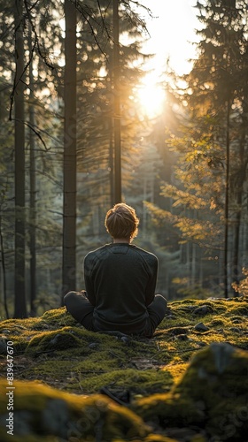Reconnecting with self through digital detox practices, person immersing in nature without devices, tranquil forest setting, peaceful and revitalizing experience.