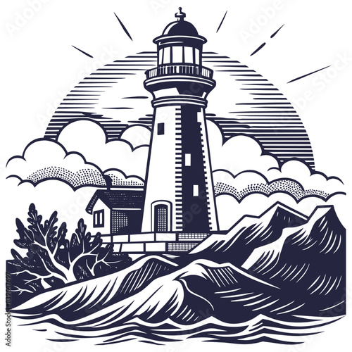Linocut lighthouse perched on rocky shores with waves crashing against the cliffs, symbolizing guidance and safety in nautical navigation. Marine or nautical element for sea and ocean design