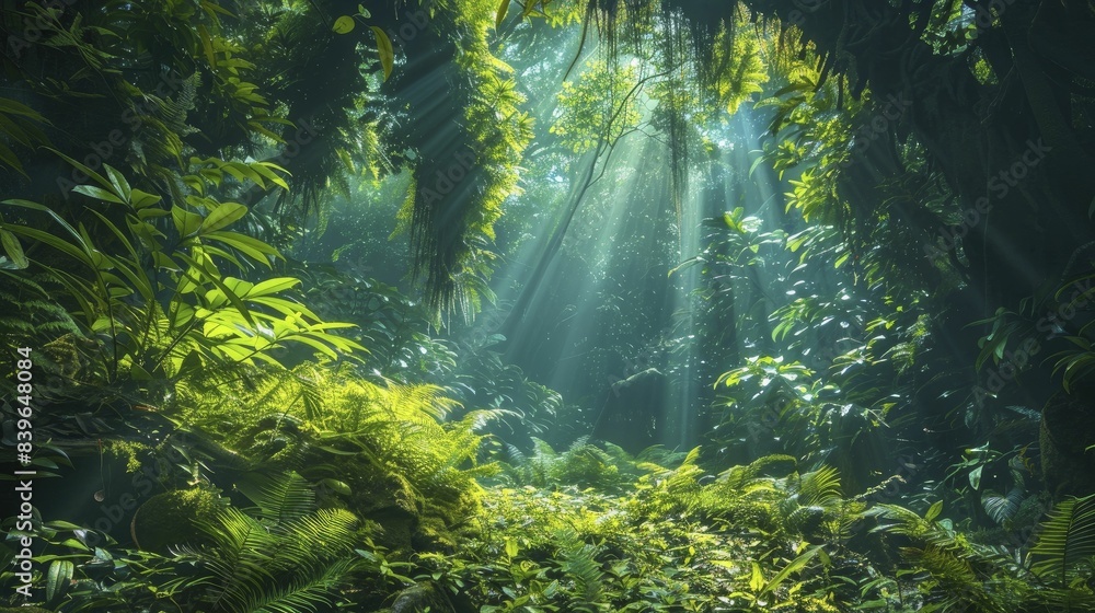 Obraz premium Whispers of the ancient forest, a sanctuary of secrets, captured from a low angle with dappled sunlight filtering through thick foliage, evoking a sense of mystery and tranquility.
