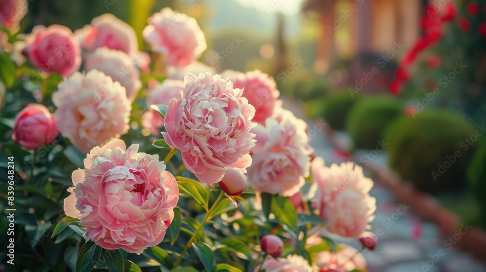 Obraz premium Pink peony flowers blooming in a garden