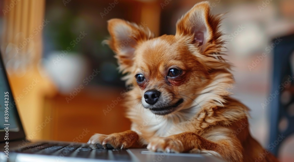 Dog wearing glasses using laptop Dog wearing glasses using laptop