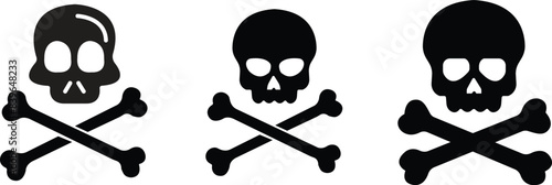 Set of Black Death, danger or poison fill icons. Crossbones Skull Human shapes. Satanic imagery. Horror icons. Mortality symbols. Occult, Demon, Rock and roll Logos isolated on transparent background.
