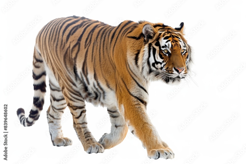 Royal tiger isolated on white background. The tiger is staring at its prey. Hunter concept. Royal tiger isolated on white background. The tiger is staring at its prey. Hunter concept.
