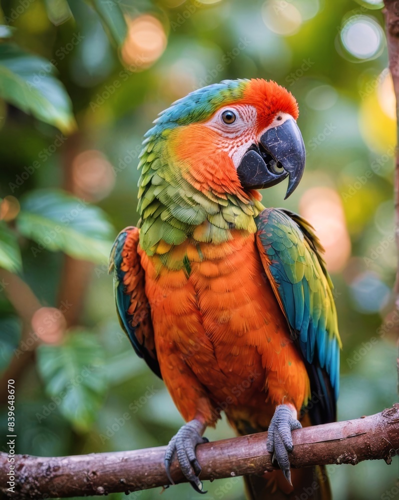 A detailed close-up of a colorful parrot perched on a branch in a tropical setting, showcasing the vibrant feathers A detailed close-up of a colorful parrot perched on a branch in a tropical setting, showcasing the vibrant feathers