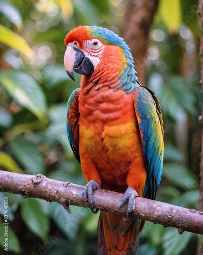 A detailed close-up of a colorful parrot perched on a branch in a tropical setting, showcasing the vibrant feathers