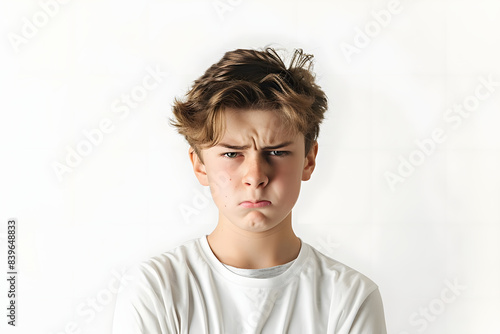 teenage boy looking angry and frustrated against white background. generative ai photo