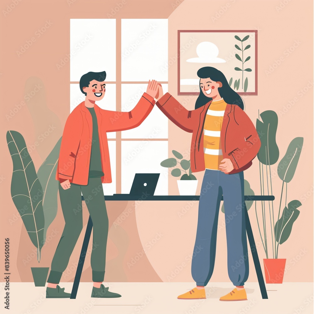 Happy colleagues giving high five in office Happy colleagues giving high five in office