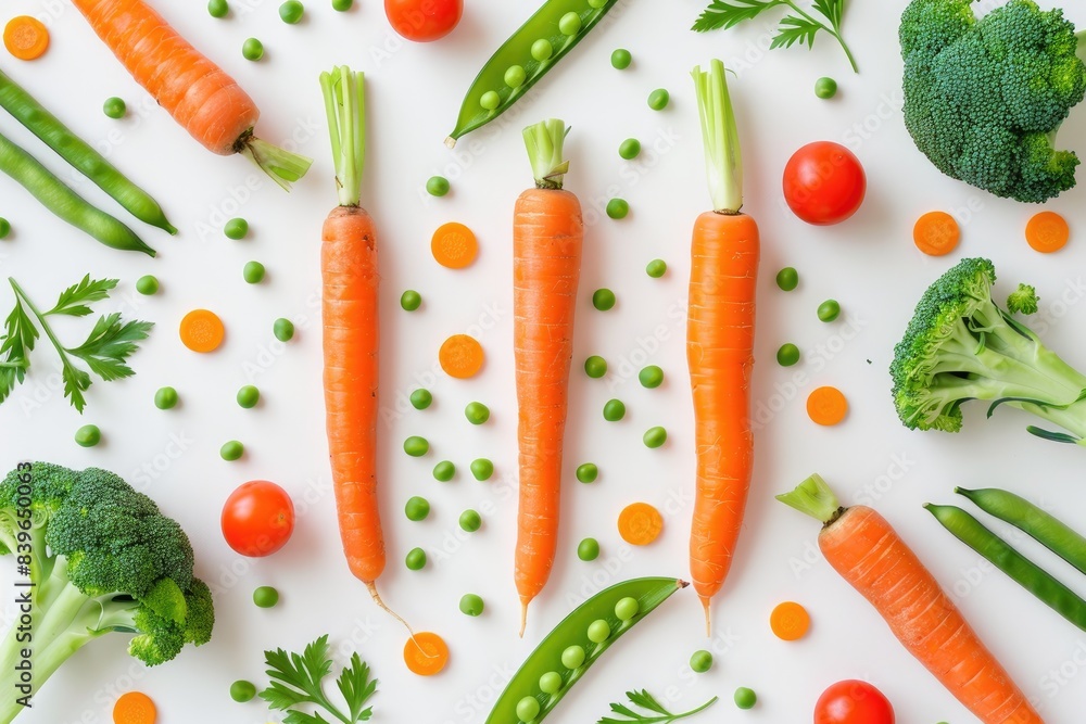 Simple, abstract shapes of cute vegetables like carrots, broccoli, and peas on a white background Simple, abstract shapes of cute vegetables like carrots, broccoli, and peas on a white background