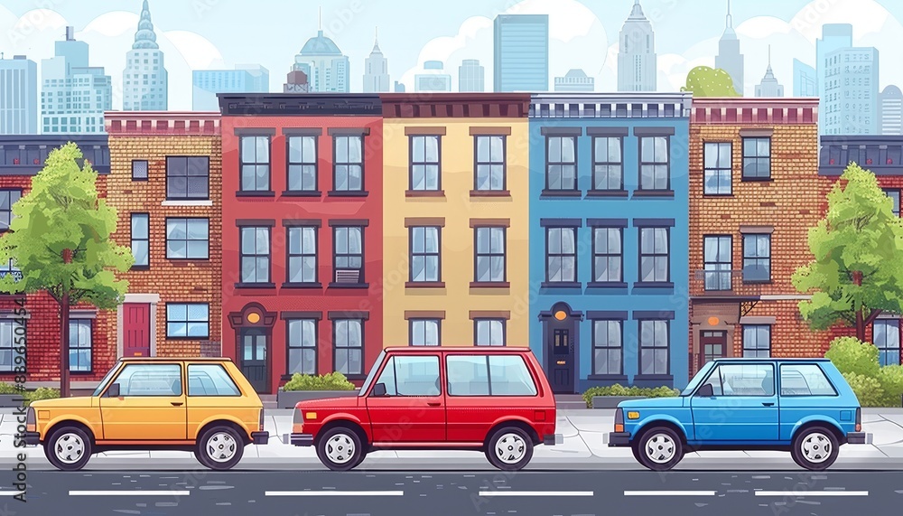 Obraz premium Urban street scene with 1980s cars parked in a row, captured in one point perspective view