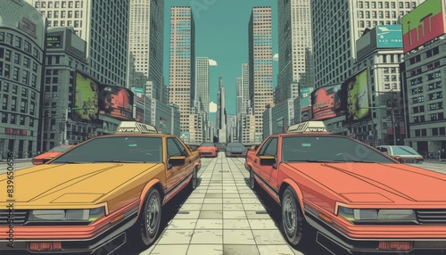 1980s cars parked on city street in one point perspective urban scene for nostalgic ambiance