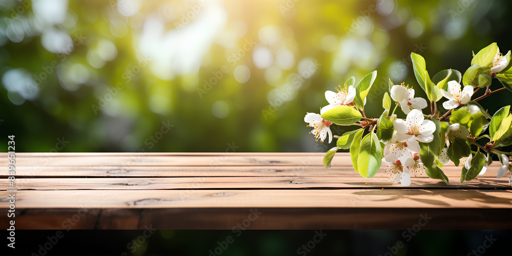 Spring beautiful background with green lush young foliage and flowering branches with an empty wooden table on nature outdoors in sunlight in garden.
Spring beautiful background with green lush young foliage and flowering branches with an empty wooden table on nature outdoors in sunlight in garden.
