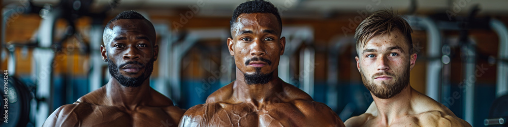 A muscular, athletic man poses confidently in a gym portrait, epitomizing fitness and strength A muscular, athletic man poses confidently in a gym portrait, epitomizing fitness and strength
