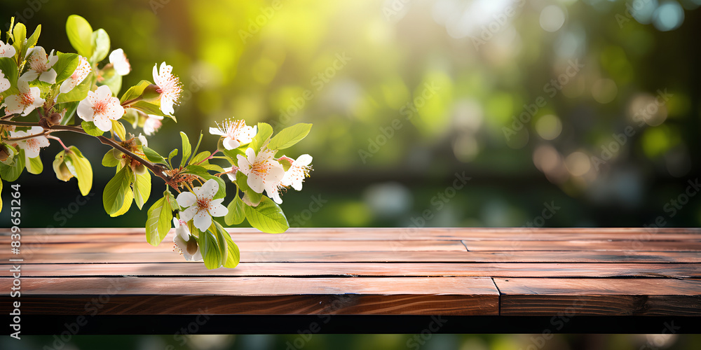 Spring beautiful background with green lush young foliage and flowering branches with an empty wooden table on nature outdoors in sunlight in garden.
Spring beautiful background with green lush young foliage and flowering branches with an empty wooden table on nature outdoors in sunlight in garden.
