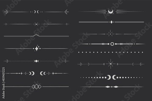 Silver celestial divider thin line border decoration. Collection tribal with moon, stars and arrows mystical separators. Modern ornament minimal set isolated on dark background.