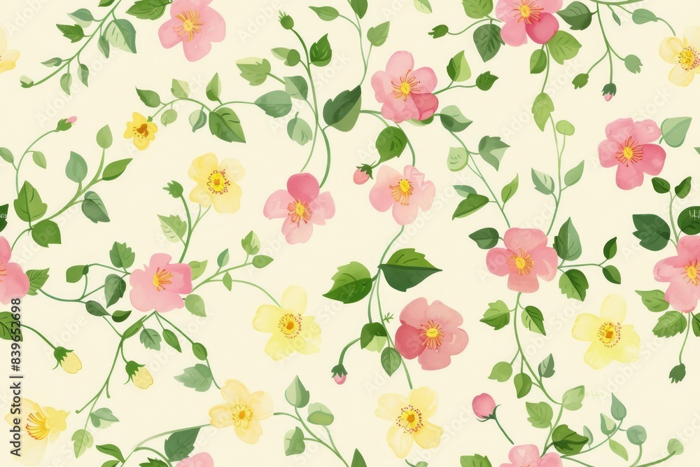 A seamless pattern of small pink and yellow flowers, pastel green leaves on a cream background A seamless pattern of small pink and yellow flowers, pastel green leaves on a cream background