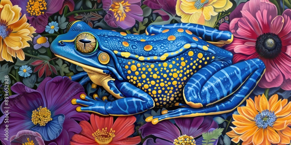 Obraz premium Colorful Frog Amidst Blooming Flowers