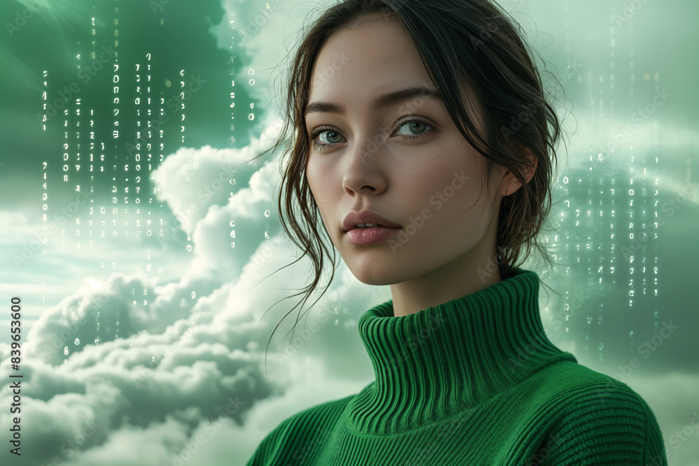 Fototapeta premium A young woman with striking blue eyes and brown hair, wearing a green turtleneck sweater. She is set against a backdrop of clouds and digital numbers, giving the impression of a futuristic theme.