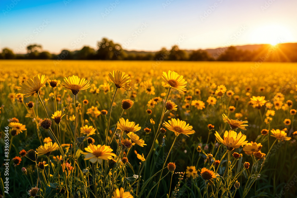 A vibrant field of yellow flowers at sunset, with the sun low on the horizon and casting a warm glow over the scene.
