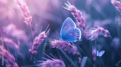 A blue butterfly perched on tall, fluffy violet grass in nature, captured with soft atmospheric lighting in a close-up macro perspective.  photo