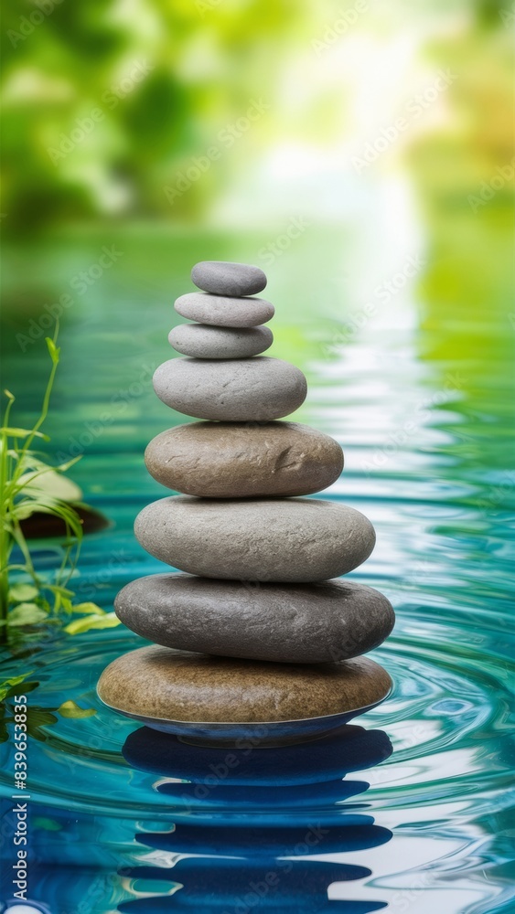 Zen-style stones stacked on top of each other against a backdrop of lush vegetation and calm water. Crystal clear water reflects the surrounding greenery and sky, creating a mirrored surface. Zen-style stones stacked on top of each other against a backdrop of lush vegetation and calm water. Crystal clear water reflects the surrounding greenery and sky, creating a mirrored surface.