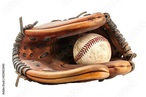 A baseball glove with a baseball in it, isolated on transparent background.