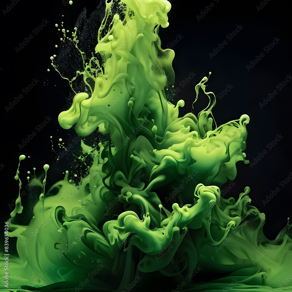 Abstract green liquid ink in motion against dark backdrop Abstract green liquid ink in motion against dark backdrop