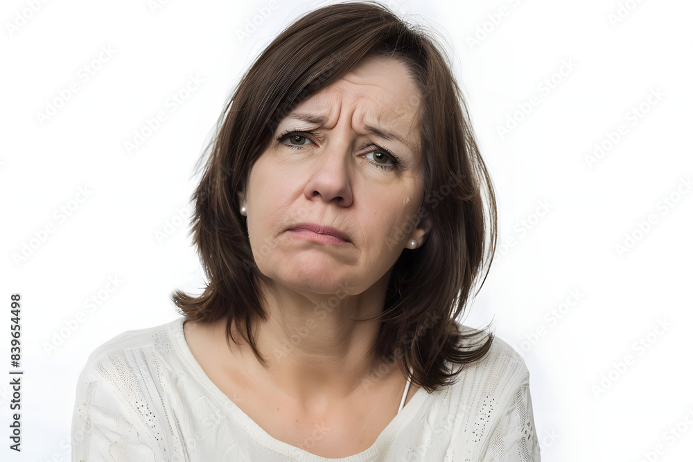 middle aged woman looking sad and mournful on white backdrop. generative ai middle aged woman looking sad and mournful on white backdrop. generative ai