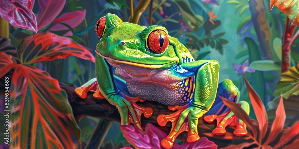 Bright Red-Eyed Tree Frog in Lush Jungle Bright Red-Eyed Tree Frog in Lush Jungle