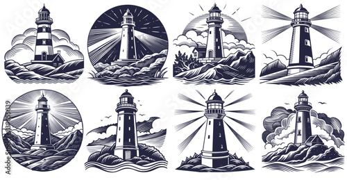 Stylized black and white linocut set with lighthouse, ocean waves and clouds