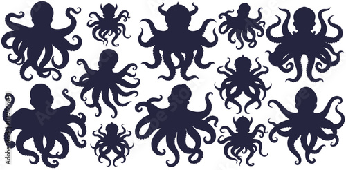 Linocut silhouette sea octopus set, rendered in stylized form that captures the enigmatic essence of marine lifeform with nod to nautical folklore. Marine collection of element for ocean design