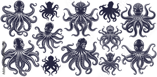 Linocut sea octopus set, rendered in stylized form that captures the enigmatic essence of marine lifeform with nod to nautical folklore. Marine or nautical collection of element for ocean design