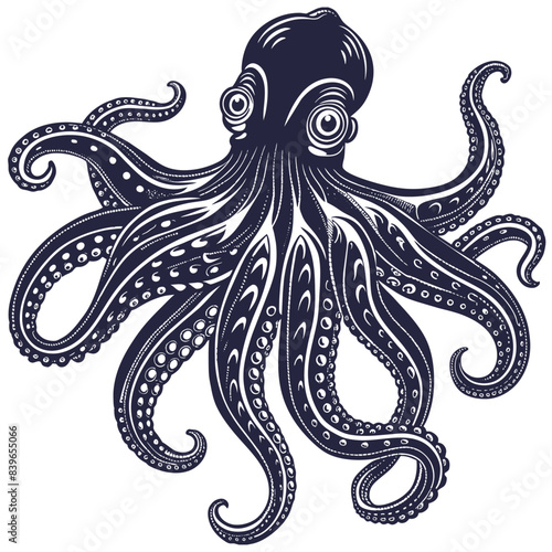 Intricate linocut sea octopus, rendered in stylized form that captures the enigmatic essence of fascinating marine lifeform with nod to nautical folklore. Marine or nautical element for ocean design
