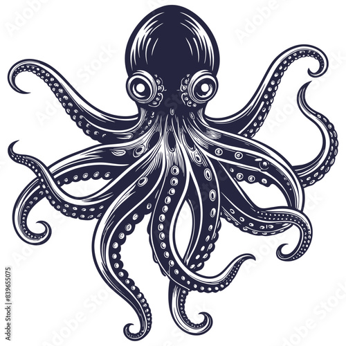 Intricate linocut sea octopus, rendered in stylized form that captures the enigmatic essence of fascinating marine lifeform with nod to nautical folklore. Marine or nautical element for ocean design