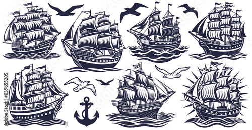Vintage set in linocut style with majestic frigate vessels with full sails navigating through ocean waves. Marine collection for designs and nautical concepts. Marine ships