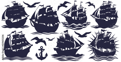 Vintage silhouette set in linocut style with majestic frigate vessels with full sails navigating through ocean waves. Marine collection for designs and nautical concepts. Marine ships