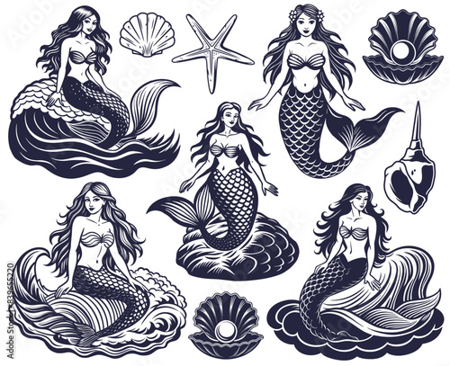 Linocut set of graceful mermaids with flowing hair and detailed scales, enchanting spirit of oceanic myths and legends. Marine or nautical collection of element for sea and ocean design