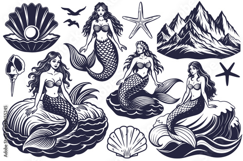 Linocut set of graceful mermaids with flowing hair and detailed scales, enchanting spirit of oceanic myths and legends. Marine or nautical collection of element for sea and ocean design