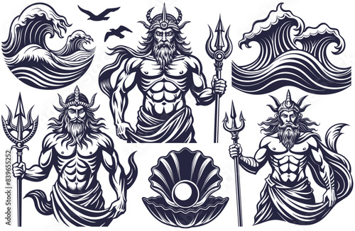 Linocut set of Poseidon, collection with mythological sea god, wave, depicted with a regal crown and a formidable trident, evoking the power and mystery of the ocean