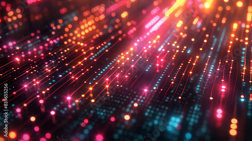 An abstract image showcasing a network of glowing lines and dots, with vibrant hues of pink, orange, and blue