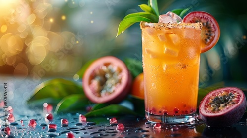 tropical-themed banner showcasing passion fruit juice in an elegant glass with a fresh fruit slice decor  exuding tropical vibes