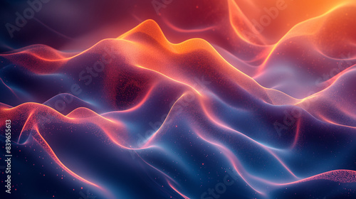 An abstract digital art piece depicting a landscape of wavy, flowing forms in shades of orange, blue, and purple