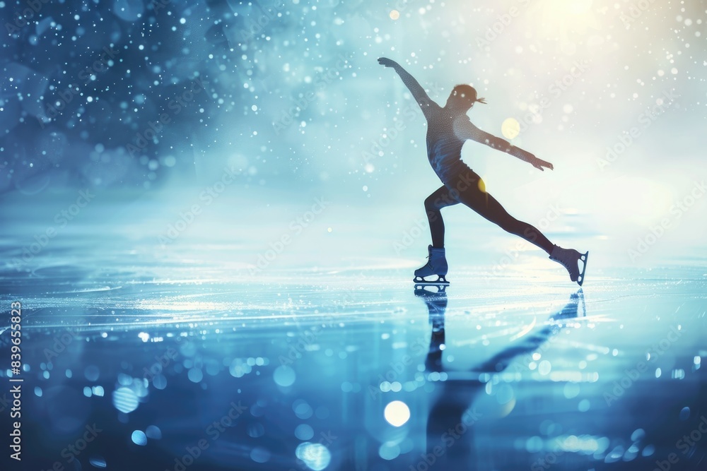Skater glides across icy surface, surrounded by snow-covered trees and mountains Skater glides across icy surface, surrounded by snow-covered trees and mountains
